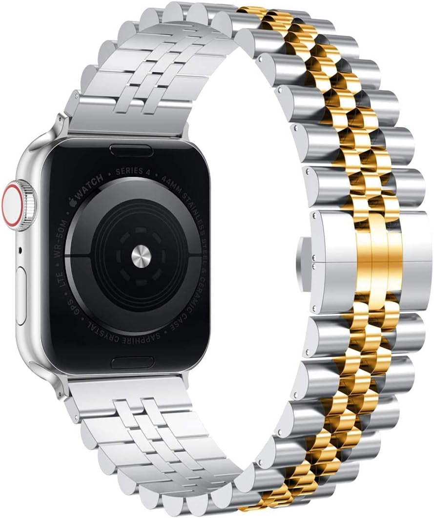 Compatible with Apple Watch Band 45Mm 44Mm 42Mm 41Mm 40Mm 38Mm, Stainless Steel Heavy Band with Butterfly Folding Clasp Link Bracelet for Iwatch Series7/6/Se Series 5/4/3/Men Women ,Silver/Gold, 41Mm/40Mm/38Mm